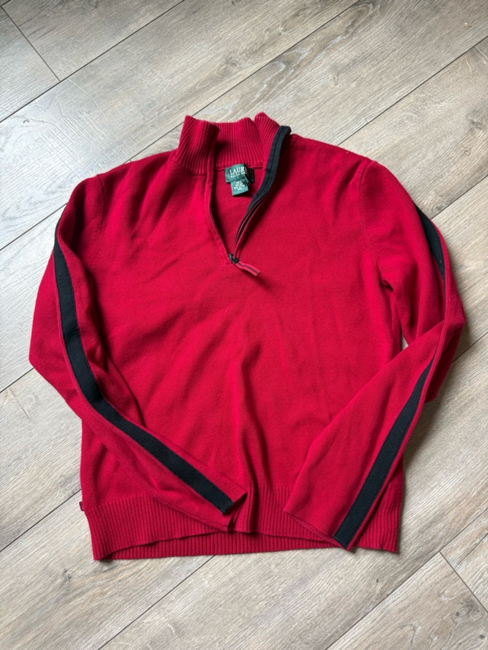 Polo by Ralph Lauren Red Half-Zip Sweater with Black Sleeve Stripes